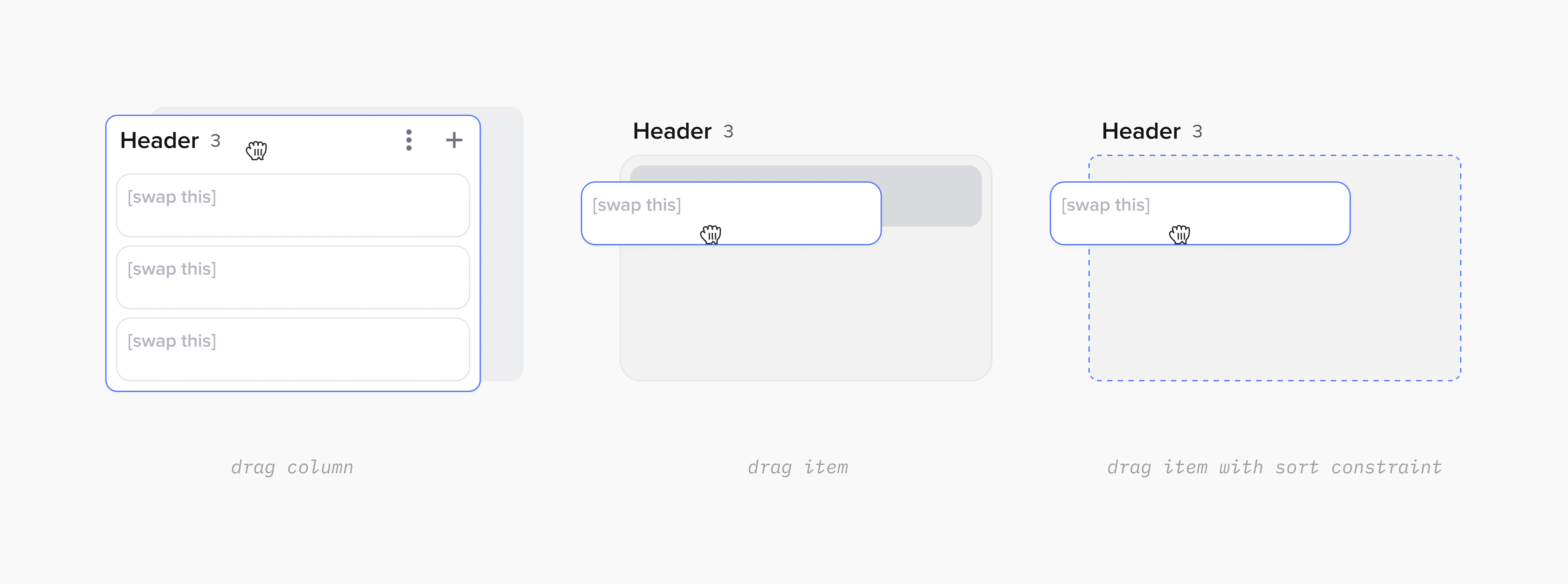 Kanban interaction states: drag column, drag item, drag item with sort constraint